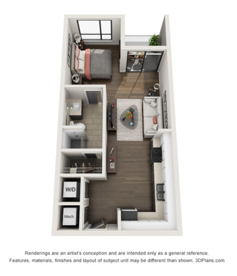 Floor plan for studio, 1 bath, 529 sqft